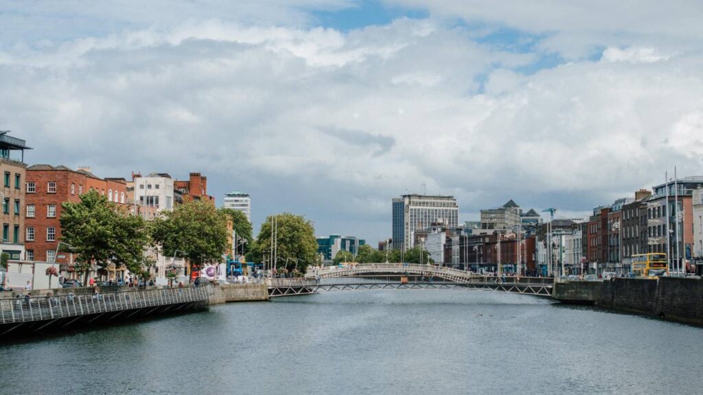 A photo of a river flowing through Dublin, Ireland