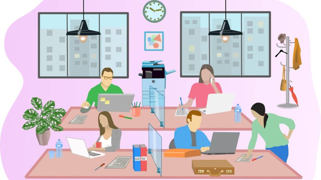 An illustration depicting several employees in an office setting 