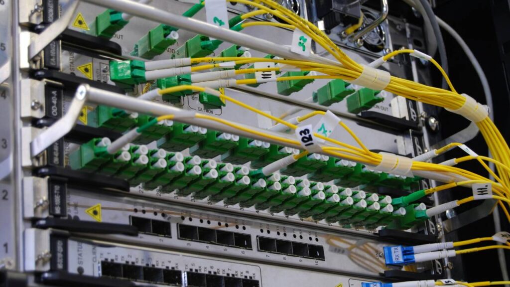 Dozens of wires plugged into a computer server