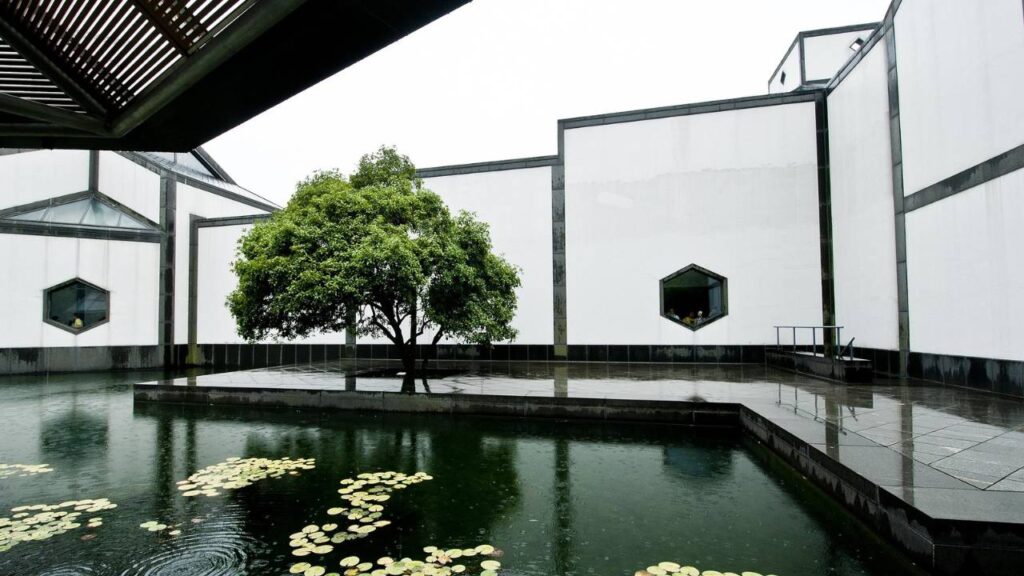A photo of a contemporary building with a tree and a pool in its yard