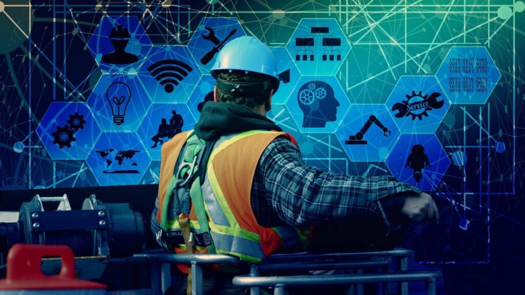 An abstract image of an industry worker and various elements of workplace culture