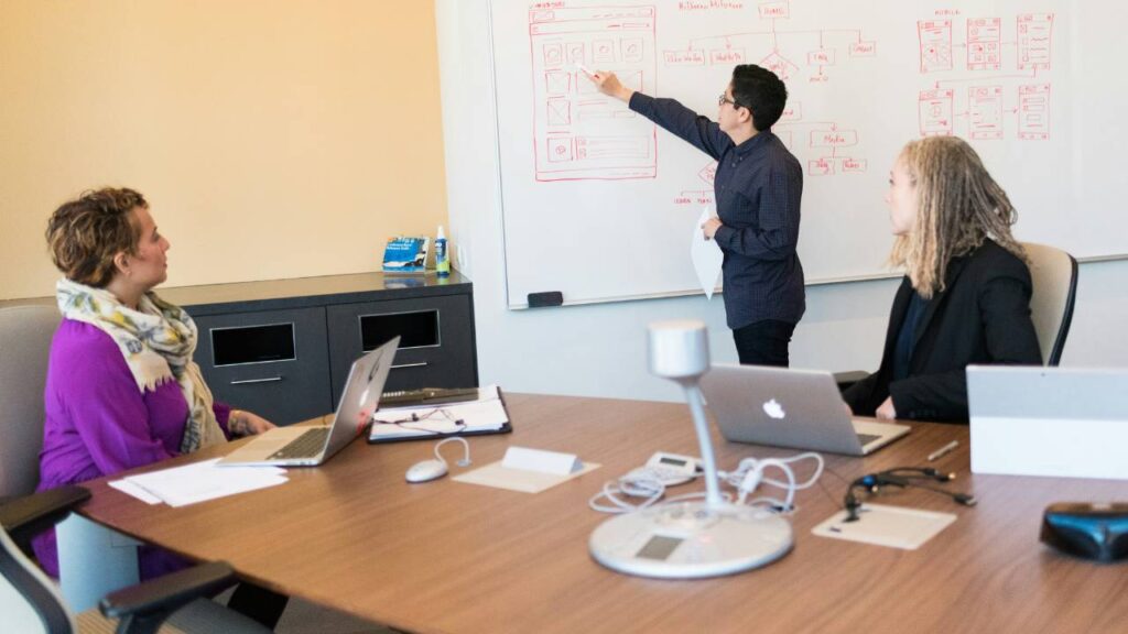 Three employees creating a business plan in the conference room 