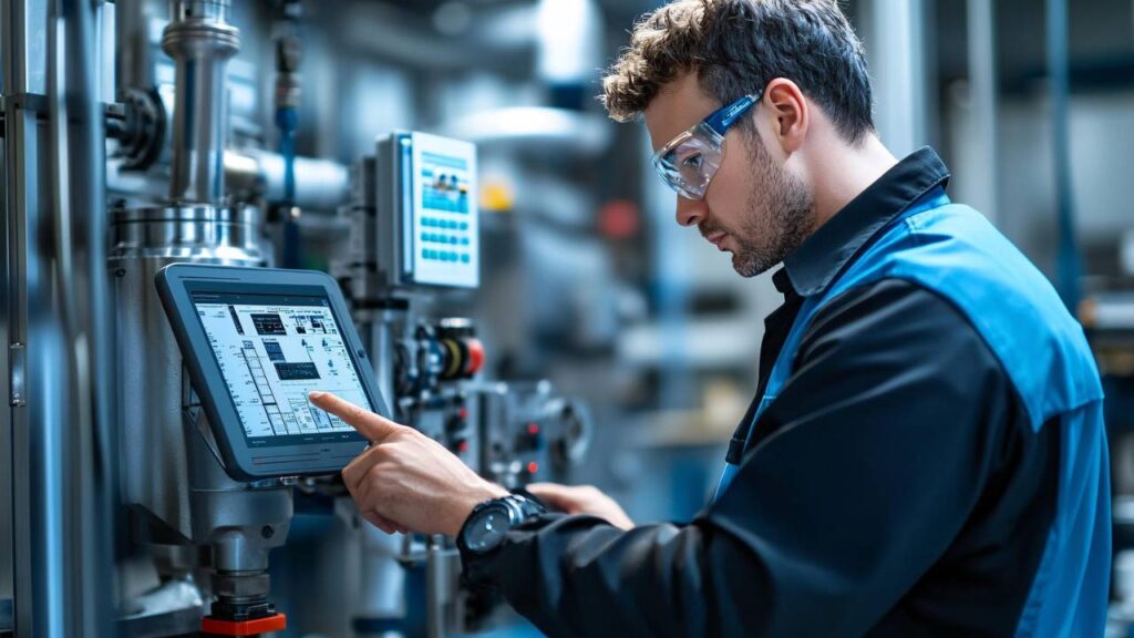 An industry worker in the process of calibrating a machine