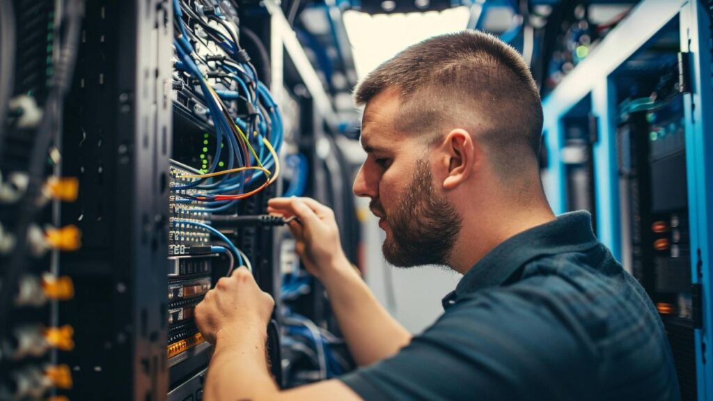 An IT professional fixing a server 
