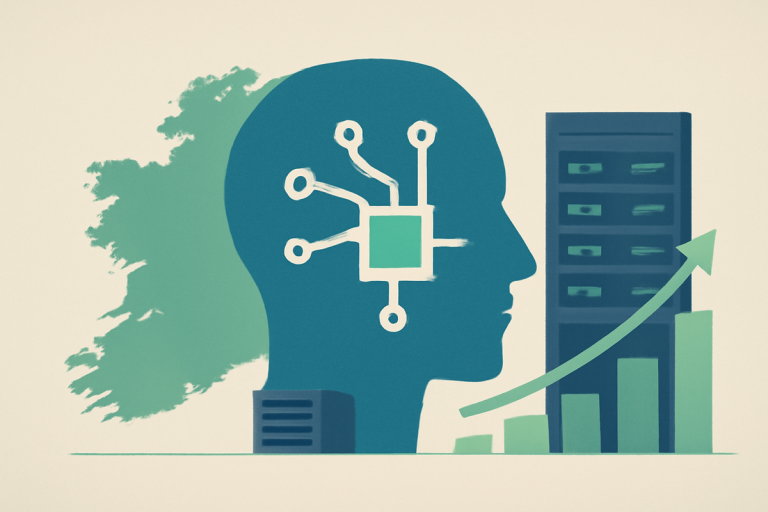Editorial illustration of Irish data centre AI infrastructure and energy management, news-magazine register